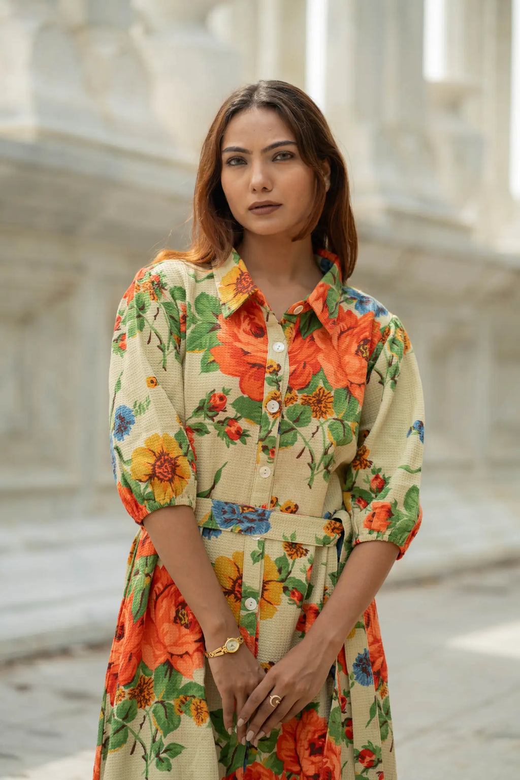 Women's block-printed Cotton Midi Dress in floral