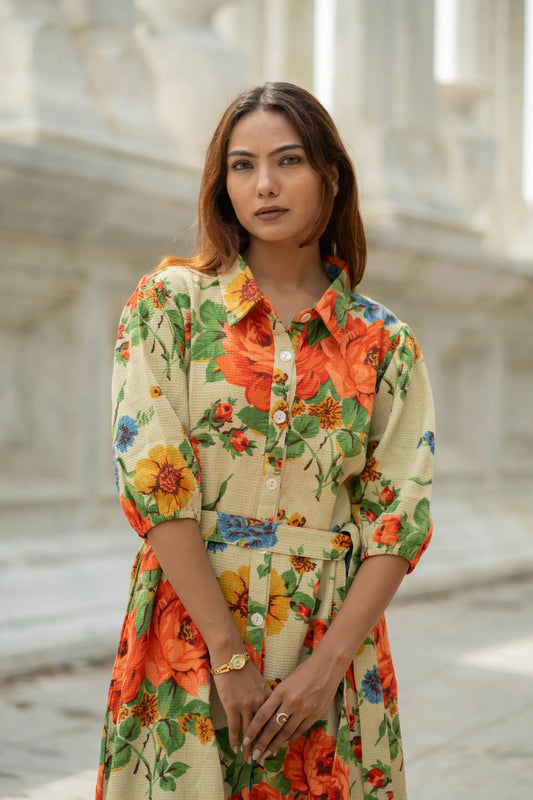 Handblock Printed Cotton Waffle Dress for Women, Floral Boho Midi Long Summer Tunic | Soft Color, Button Closure | Ethical Gift for Her Mom