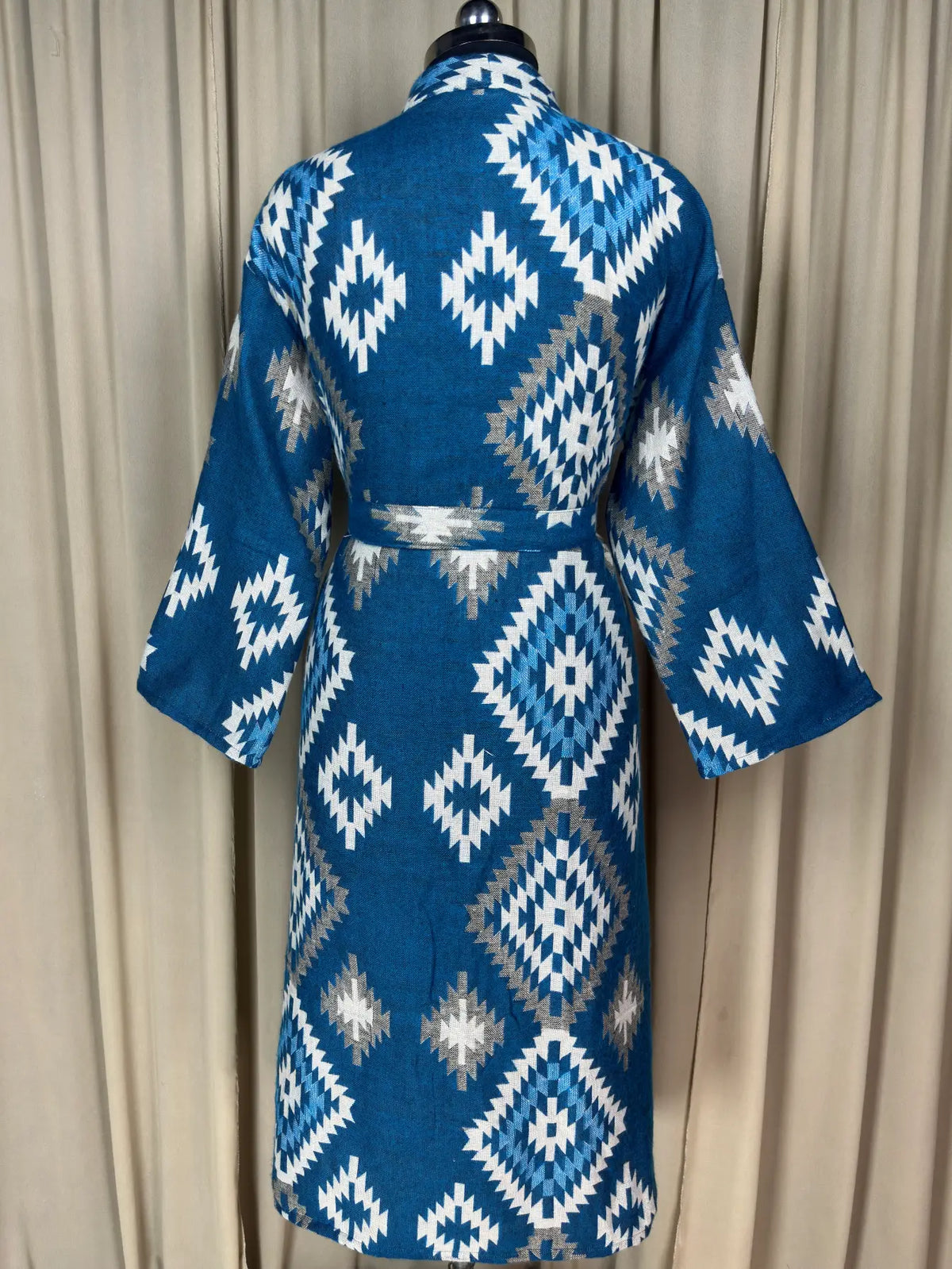 Yak Wool Blend Women Kimono Robe, Cozy Winter Romance Loungewear, Blue Diamond Print Cardigan House Coat with Pockets, Quirky Christmas Gift