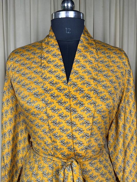Silky Soft Men’s Kimono Robe | Masculine Elegant Classic Sustainable Vintage House Robe gift, Timeless Comfy Lounge Beach Wear Yellow Floral