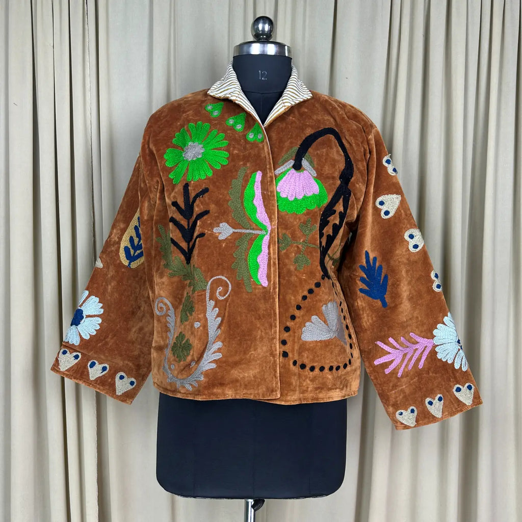 Boho Hand Embroidered Velvet Suzani Jacket, Brown Floral Open Front Coat Winter Wear Free Size Robe Retro Chic Free Size Robe Blazer for Her