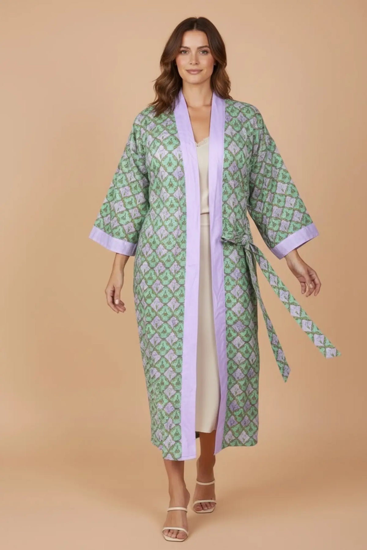 Women's block-printed Cotton Kimono Robe