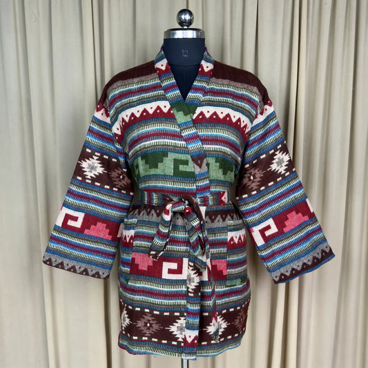 Wool Blend Women Kimono, Winter House Robe Warm Cozy Jacket Short Dressing Loungewear Geometric Cardigan, Handmade Mom Gift Someone Special