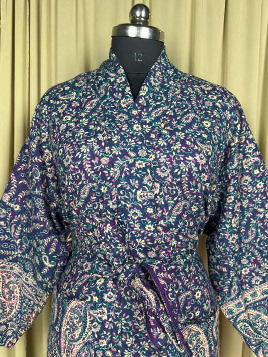 Yak Wool Blend Women Kimono Robe, Cozy Warm Winter Romance Loungewear, Green Paisley Cardigan House Coat with Pockets, Quirky Christmas Gift