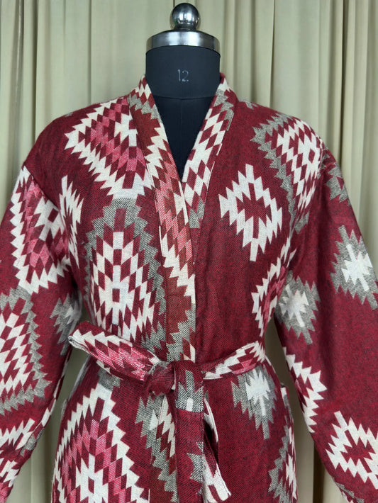 Yak Wool Blend Women Kimono Robe, Cozy Winter Romance Loungewear | Red Diamond Print Cardigan House Coat with Pockets, Quirky Christmas Gift