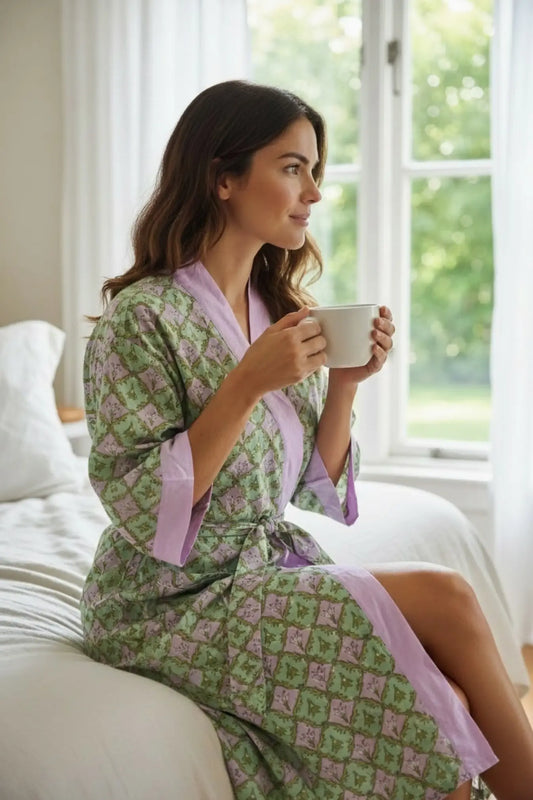 Pure Cotton Handblock Kimono | Indian Printed Summer House Robe, Boho Beach Coverup Kaftan, Bridesmaid Maternity Dressing Gown, Gift For Her