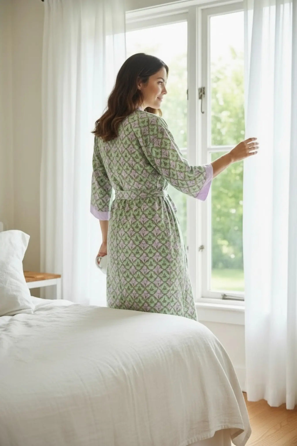 Women's block-printed Cotton Kimono Robe