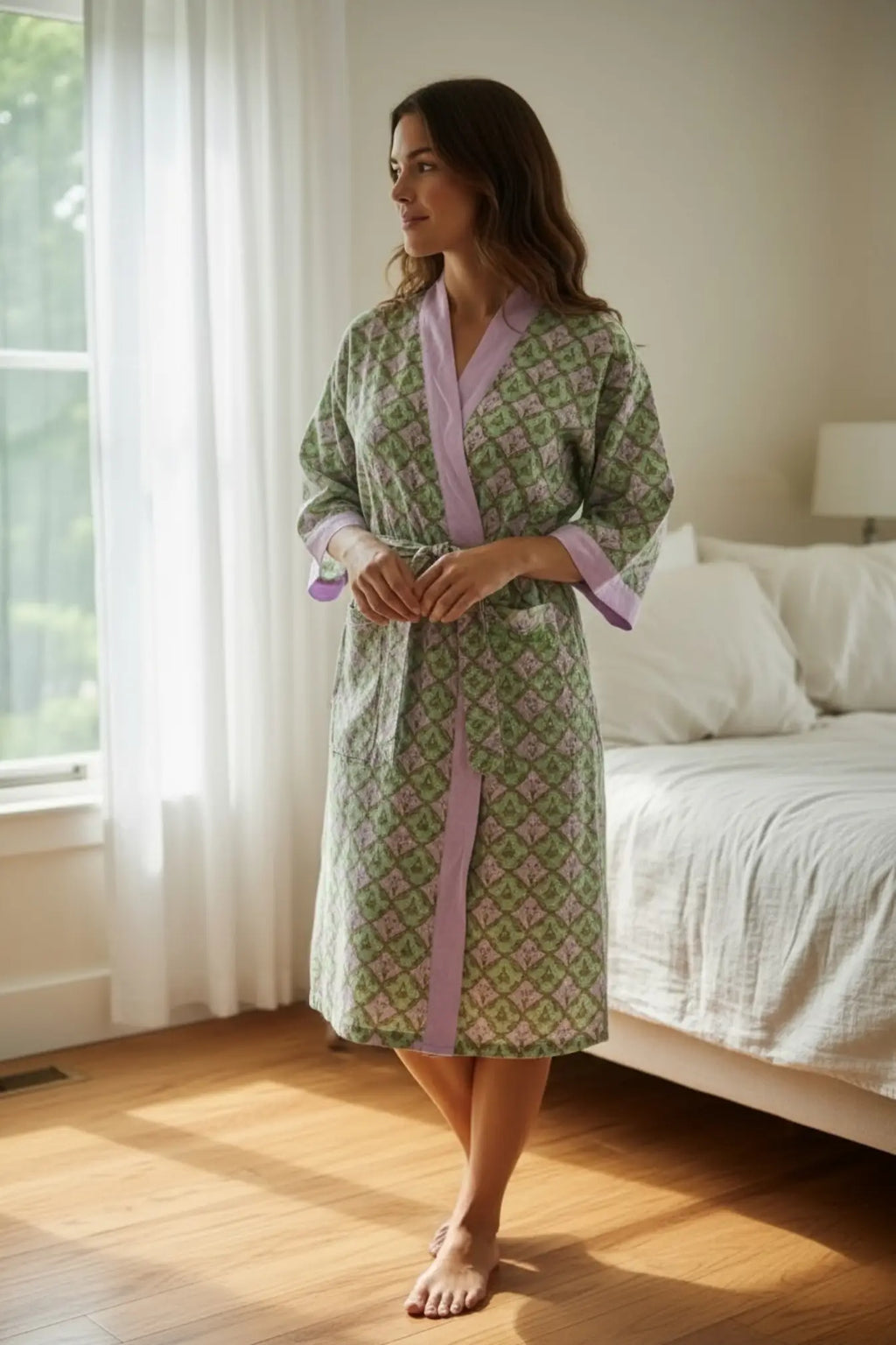 Women's block-printed Cotton Kimono Robe