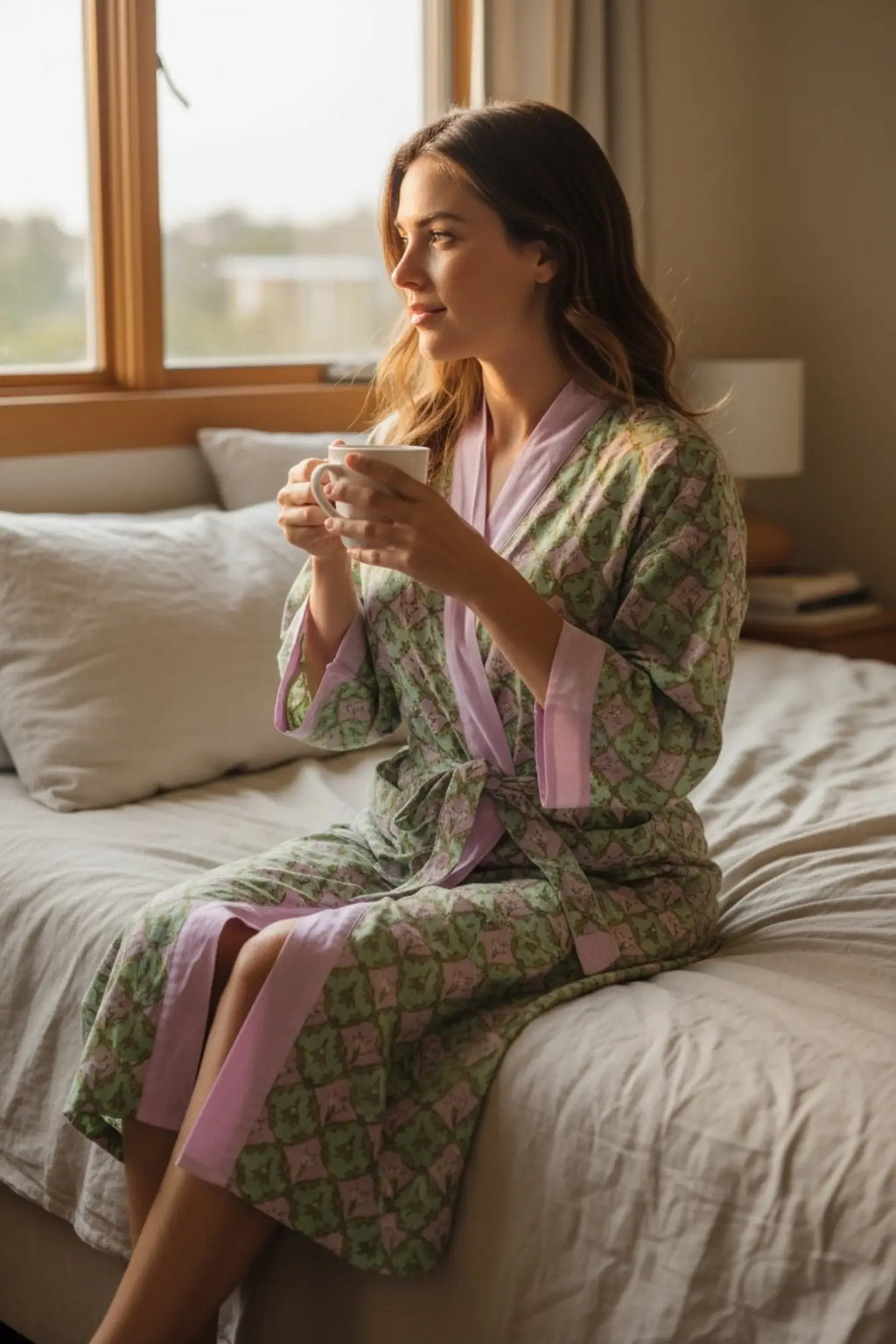 Women's block-printed Cotton Kimono Robe