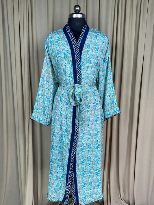Recycle Silk Sari Women Kimono | Boho Chic Beach Cover Up Vintage Lounge Dressing Robe | Resort Wear Regal Gypsy House Robe | Blue Floral