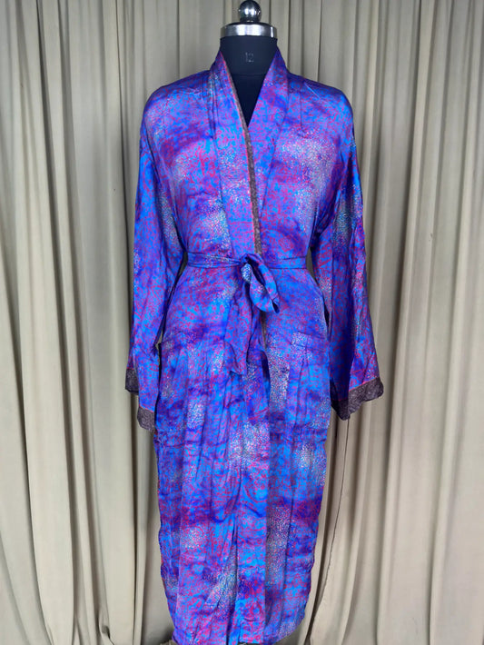 Silky Soft Men’s Kimono Robe, Masculine Elegant Classic Sustainable Vintage House Robe gift, Timeless Comfy Lounge Beach Wear Blue Geometric