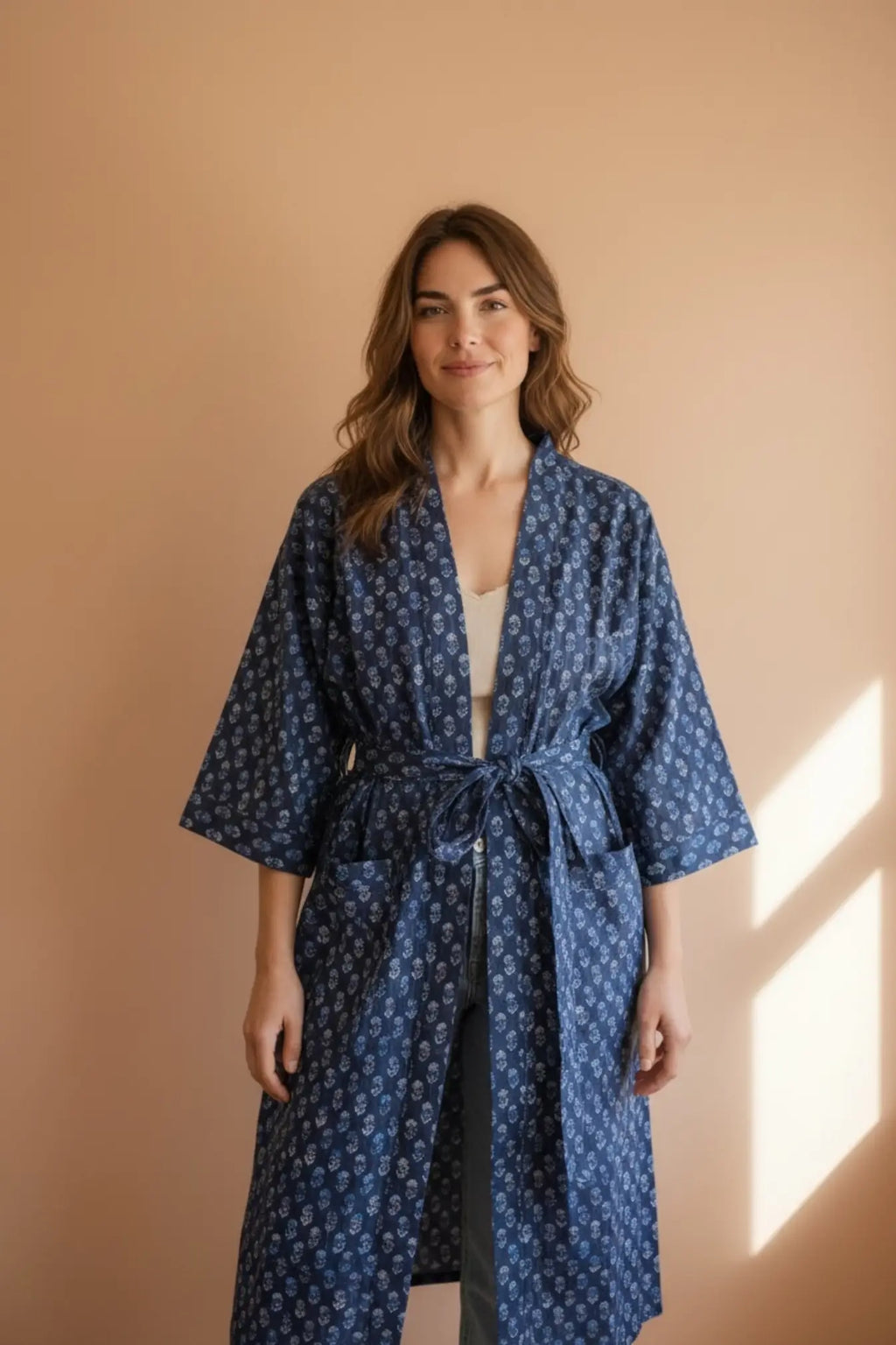 Women's block-printed Cotton Kimono Robe