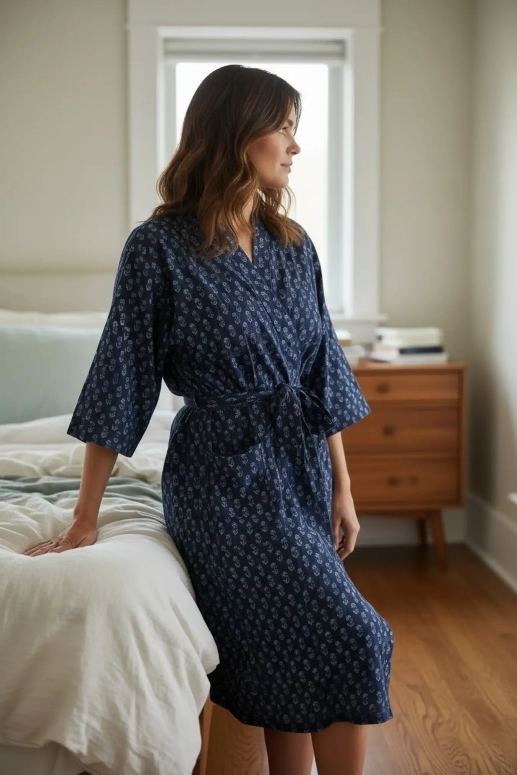 Women's block-printed Cotton Kimono Robe