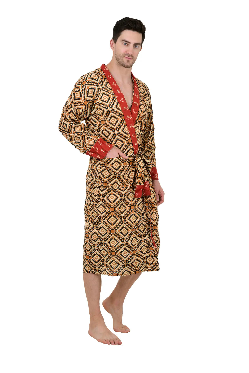 Men's block-printed Cotton Kimono Robe