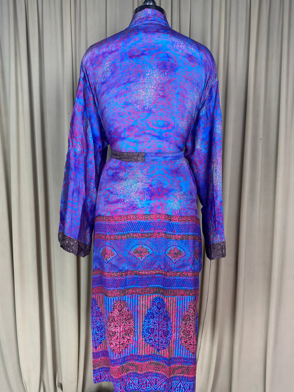 Men's Silky Kimono Robe in blue geometric