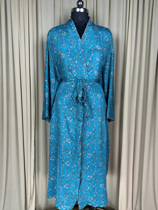 Recycle Silk Sari Women Kimono | Boho Chic Beach Cover Up Vintage Lounge Dressing Robe | Resort Wear Regal Gypsy House Robe | Blue Floral
