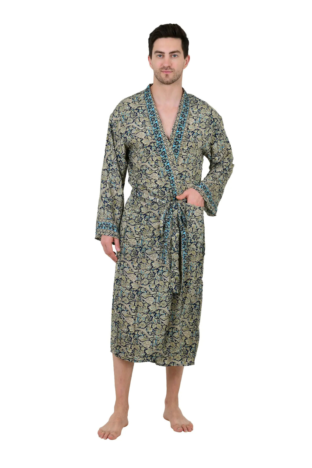Men's Silk Kimono Robe in blue beige floral