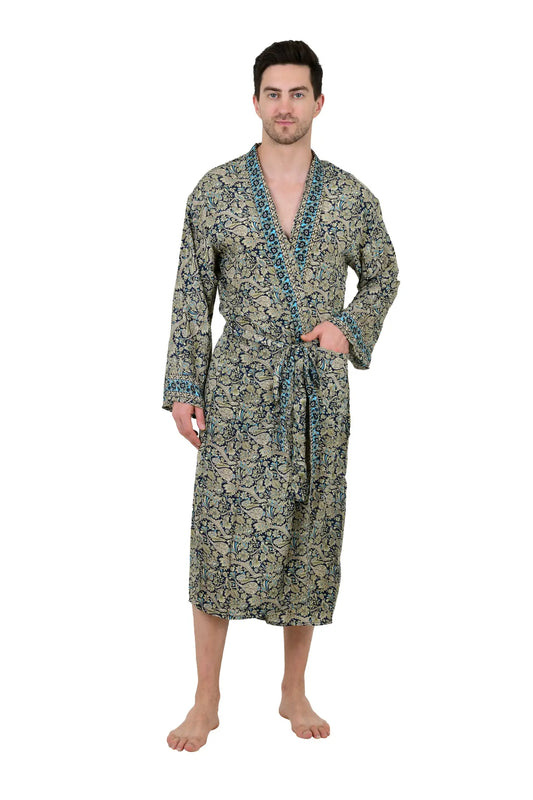 Boho Men's Soft Silk Kimono, Man Regal House Beach Robe, Floral Persian King Elegant Blue Beige Hues Beach Cover Up, Perfect Gift for Dad