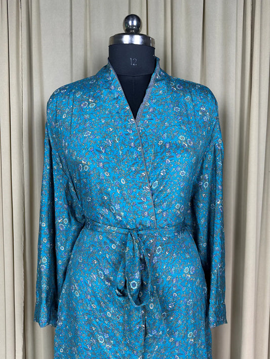 Recycle Silk Sari Women Kimono | Boho Chic Beach Cover Up Vintage Lounge Dressing Robe | Resort Wear Regal Gypsy House Robe | Blue Floral