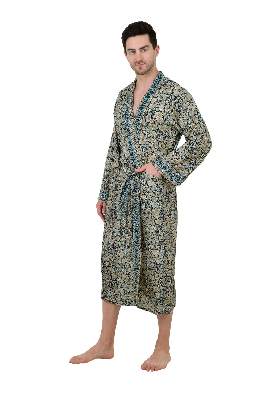 Men's Silk Kimono Robe in blue beige floral