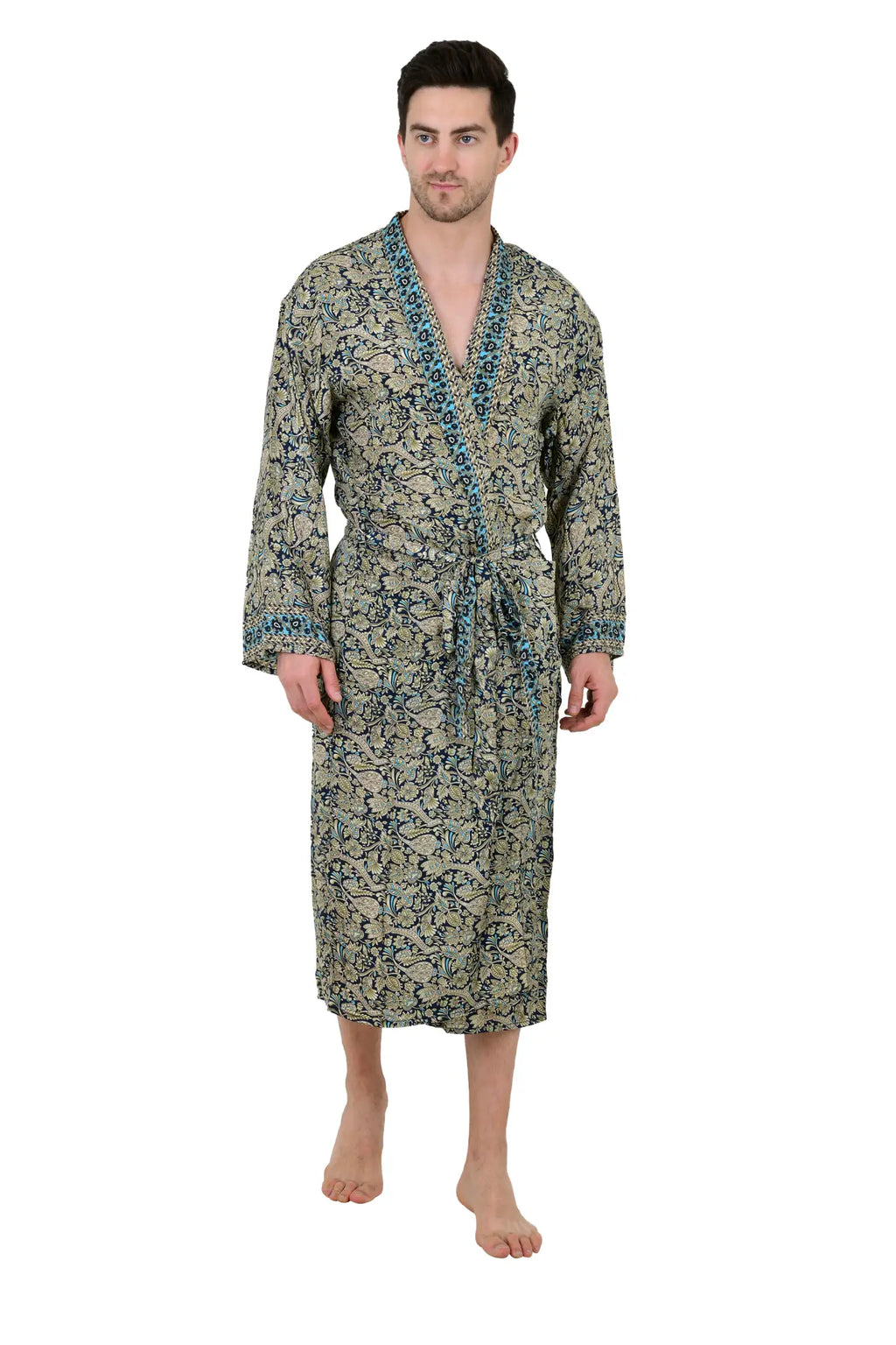 Men's Silk Kimono Robe in blue beige floral