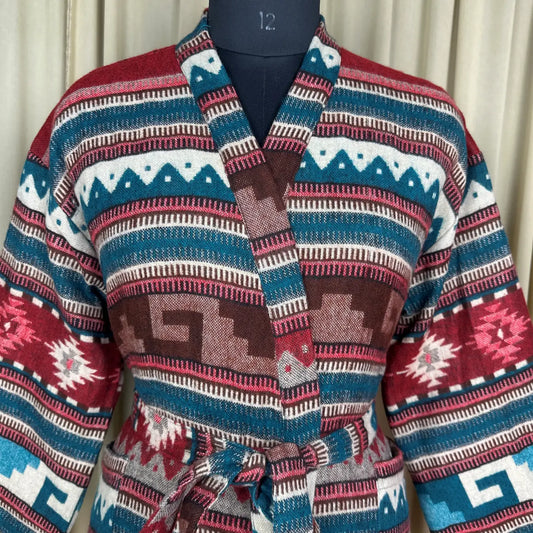 Wool Blend Women Kimono, Winter House Robe Warm Cozy Jacket Short Dressing Loungewear Geometric Cardigan, Handmade Mom Gift Someone Special