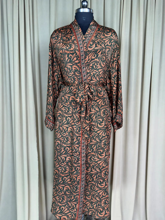 Recycle Silk Sari Women Kimono | Boho Chic Beach Cover Up Vintage Lounge Dressing Robe | Resort Wear Regal Gypsy House Robe | Green Floral