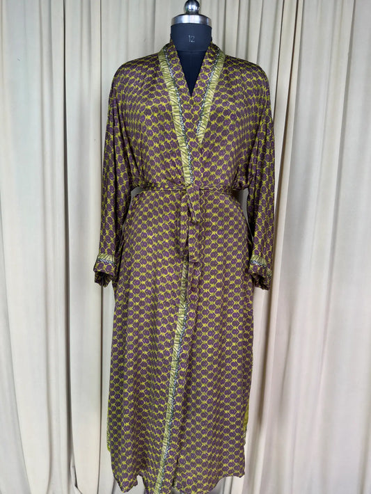 Recycle Silk Sari Women Kimono | Boho Chic Beach Cover Up Vintage Lounge Dressing Robe  l Resort Wear Regal Gypsy House Robe | Green Floral