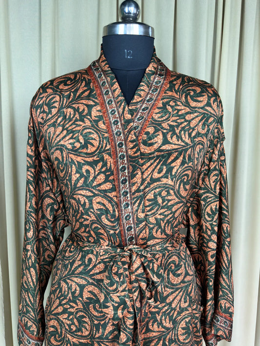 Recycle Silk Sari Women Kimono | Boho Chic Beach Cover Up Vintage Lounge Dressing Robe | Resort Wear Regal Gypsy House Robe | Green Floral