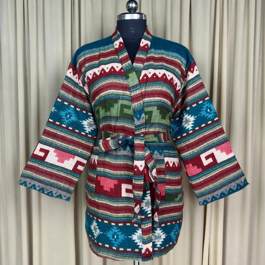 Wool Blend Women Kimono, Winter House Robe Warm Cozy Jacket Short Dressing Loungewear Geometric Cardigan, Handmade Mom Gift Someone Special