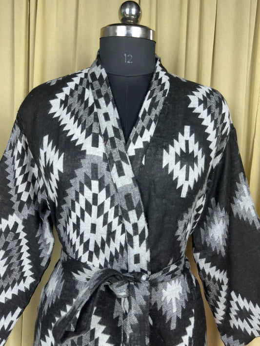 Yak Wool Blend Women Kimono Robe, Cozy Winter Romance Loungewear, Black Diamond Print Cardigan House Coat with Pockets Quirky Christmas Gift