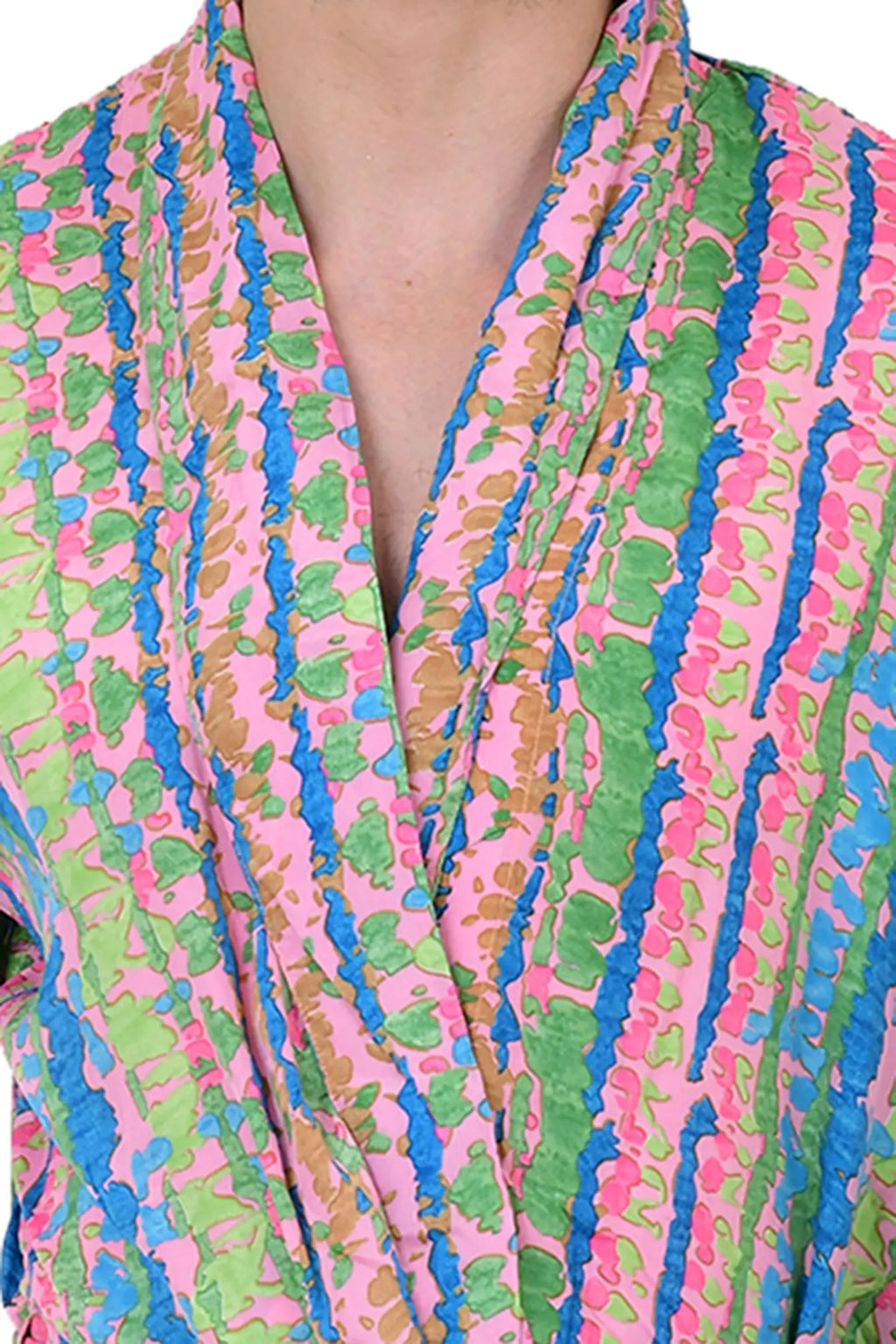 Men's Silk Kimono Robe in pink green geometric