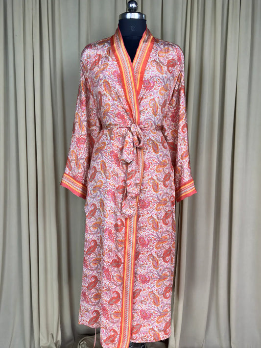 Recycle Silk Sari Women Kimono | Boho Chic Beach Cover Up Vintage Lounge Dressing Robe | Resort Wear Regal Gypsy House Robe | White Paisley