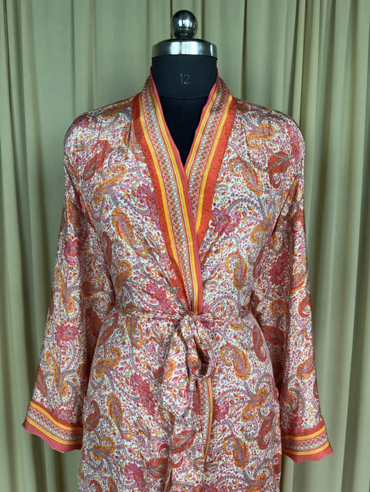 Recycle Silk Sari Women Kimono | Boho Chic Beach Cover Up Vintage Lounge Dressing Robe | Resort Wear Regal Gypsy House Robe | White Paisley