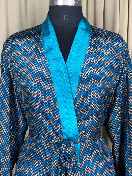 Recycle Silk Sari Women Kimono | Boho Chic Beach Cover Up Vintage Lounge Dressing Robe  l Resort Wear Regal Gypsy House Robe, Blue Geometric