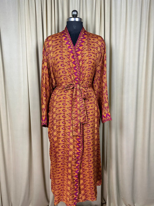 Recycle Silk Sari Women Kimono | Boho Chic Beach Cover Up Vintage Lounge Dressing Robe l Resort Wear Regal Gypsy House Robe | Purple Floral