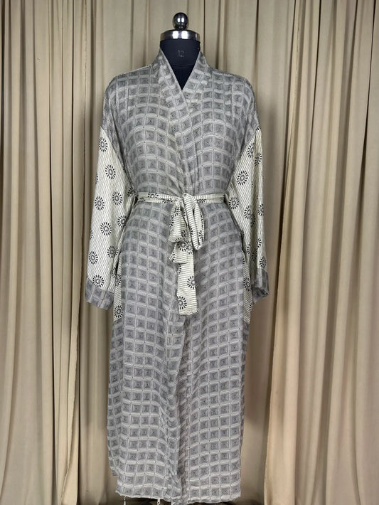 Recycle Silk Sari Women Kimono | Boho Chic Beach Cover Up Vintage Lounge Dressing Robe, Resort Wear Regal Gypsy House Robe, White Geometric