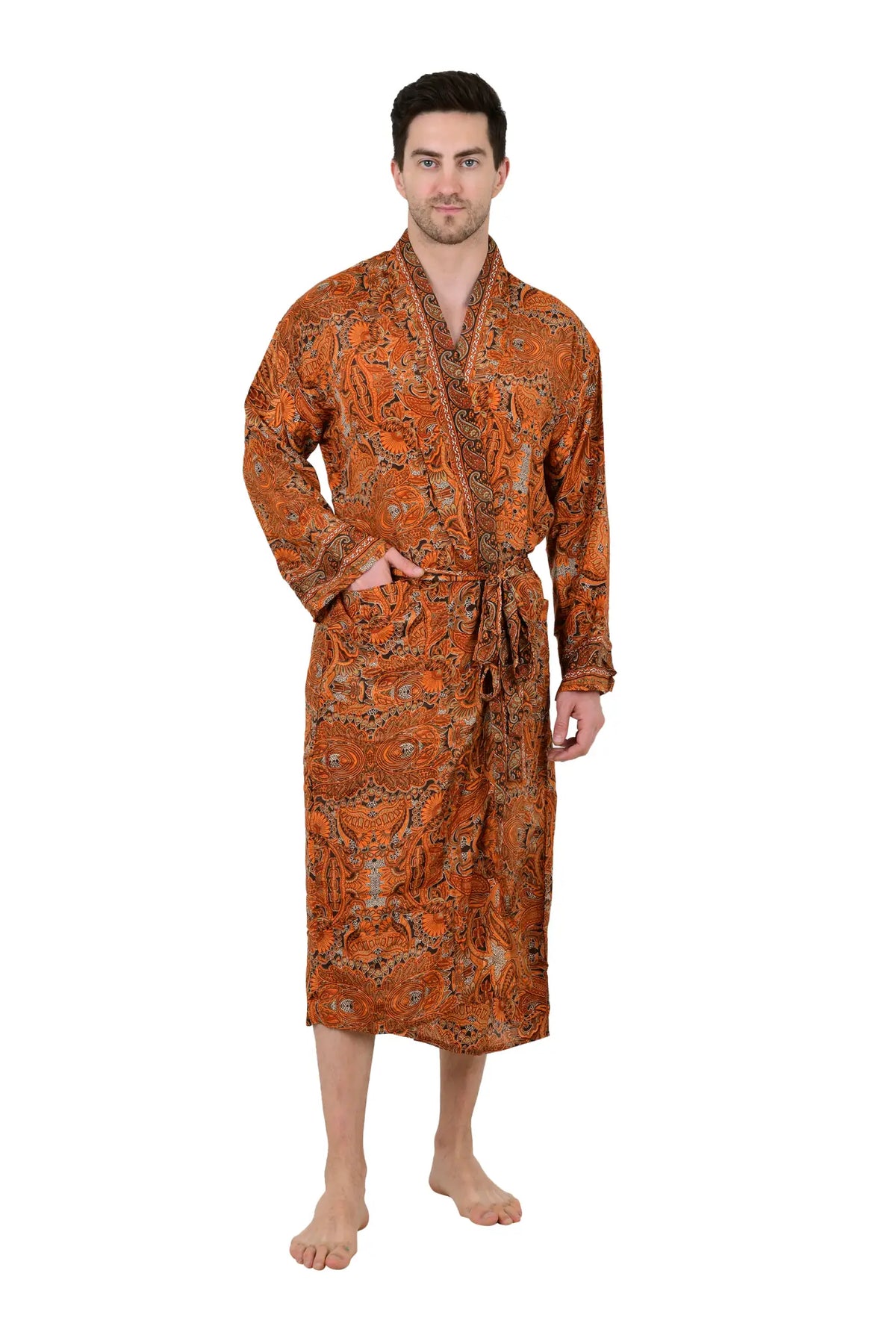 Men's Silk Kimono Robe in brown orange floral