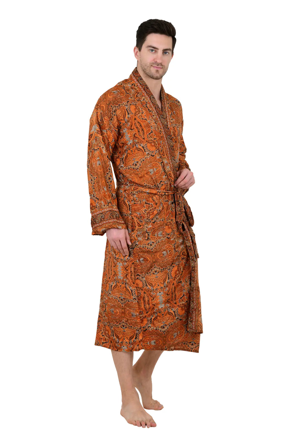Men's Silk Kimono Robe in brown orange floral