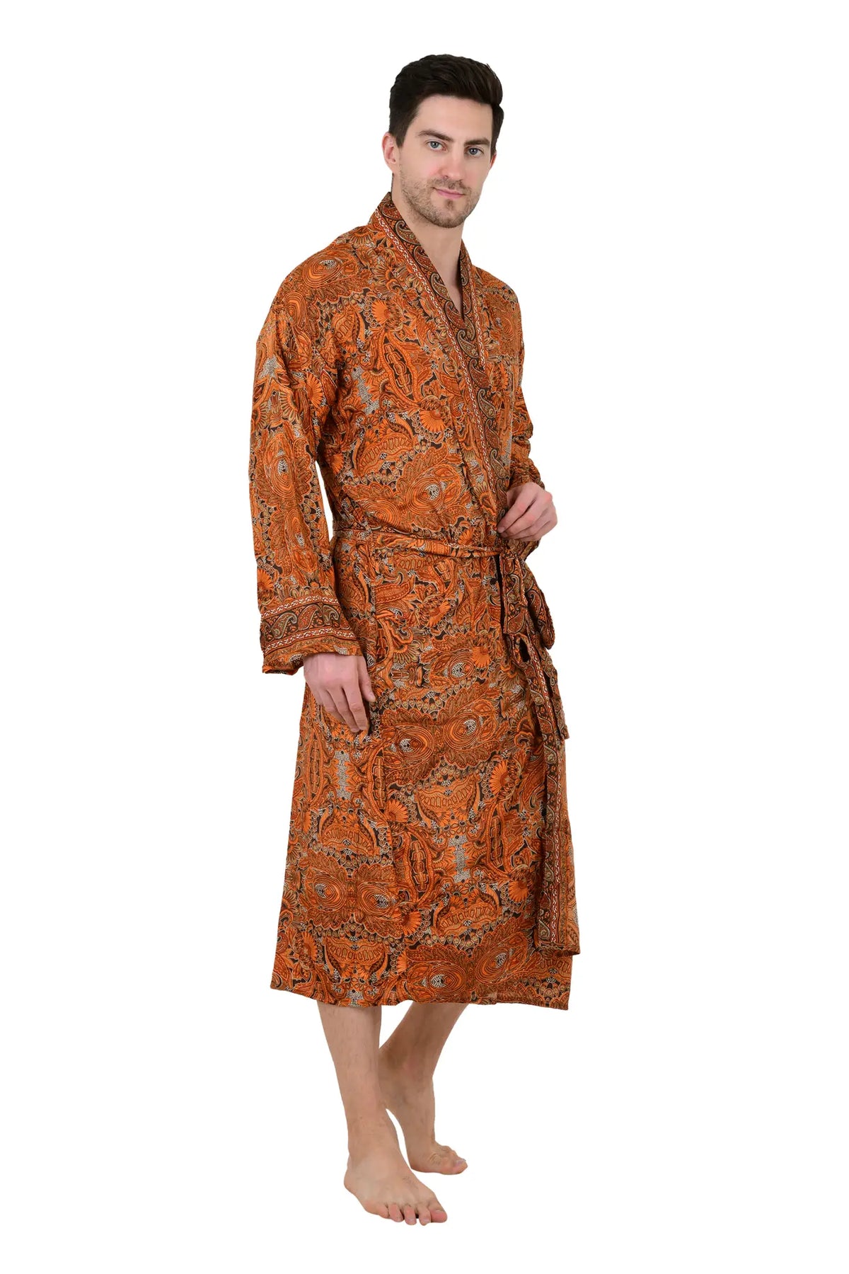 Men's Silk Kimono Robe in brown orange floral