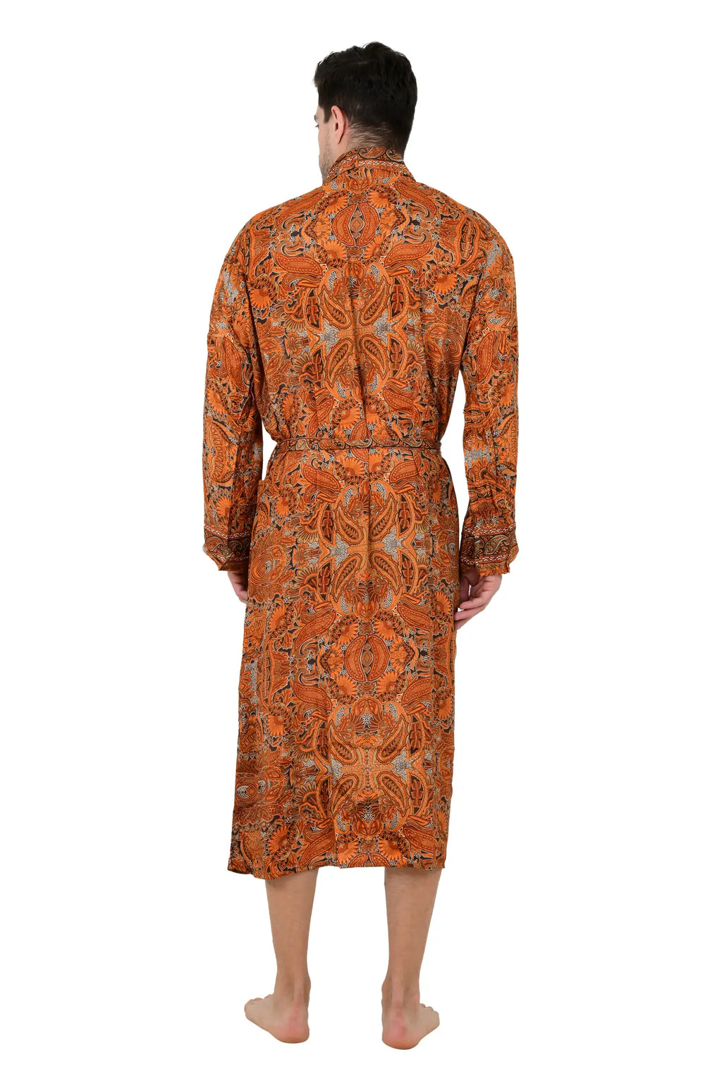 Men's Silk Kimono Robe in brown orange floral