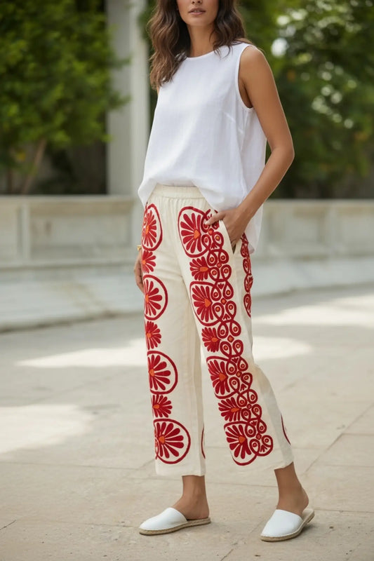 Cotton Suzani Embroidery Women Pajama | Hand Embroidered Floral Hippie Pant | Handcrafted Boho Loungewear Trouser One Size | Gift for Her