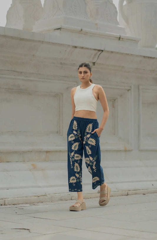 Cotton Suzani Embroidery Pant | Hand Embroidered Floral Women Pajama Bottom | Handcrafted Boho Loungewear, One Size Fit, Unique Gift for Her