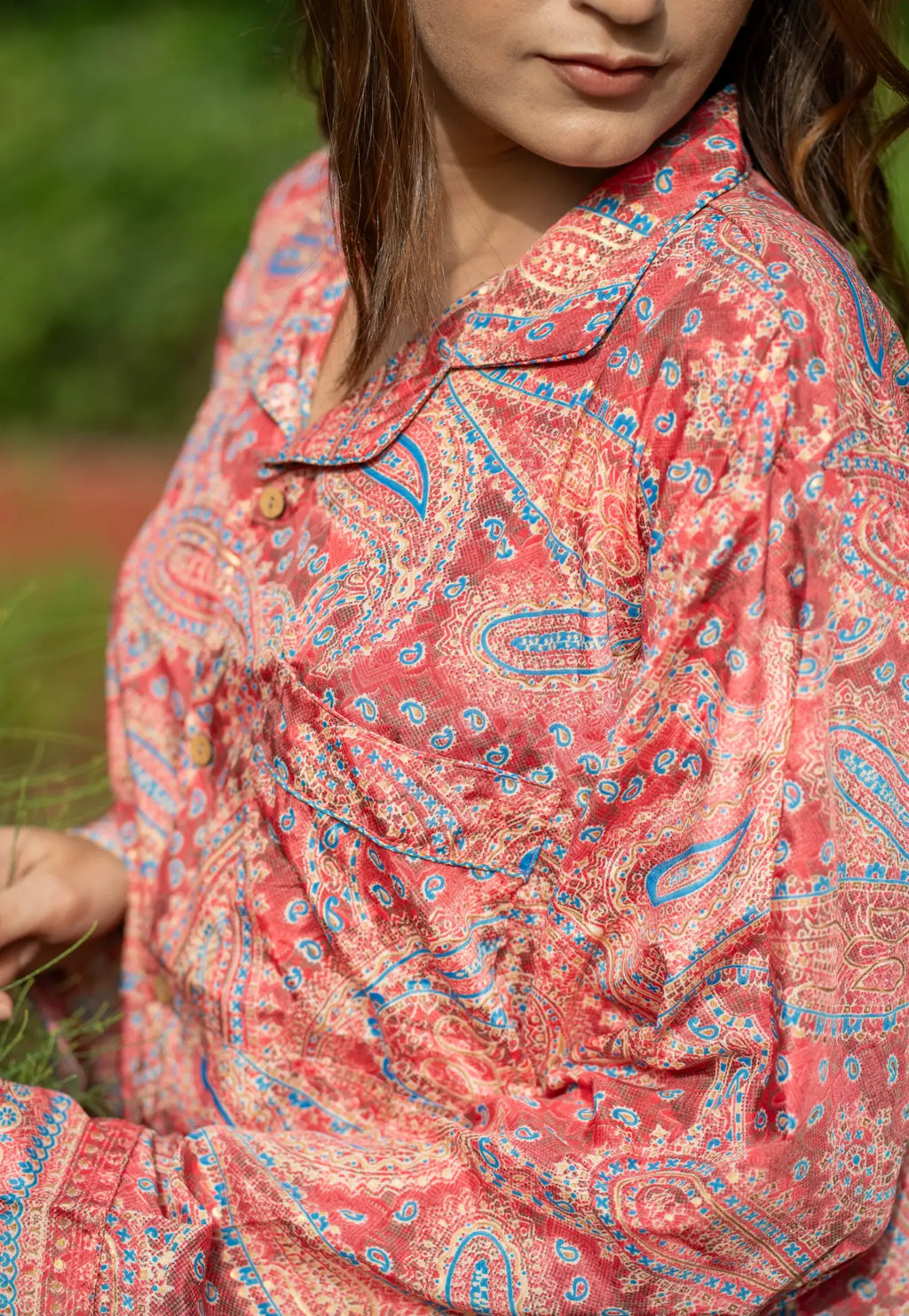 Women's Silk Blend Pajama Set in paisley with pockets