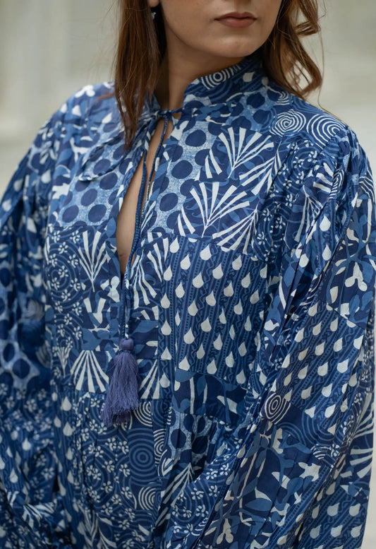 Blue Patchwork Cotton Dress: Hand-Stitched Block Print, Fits XXL