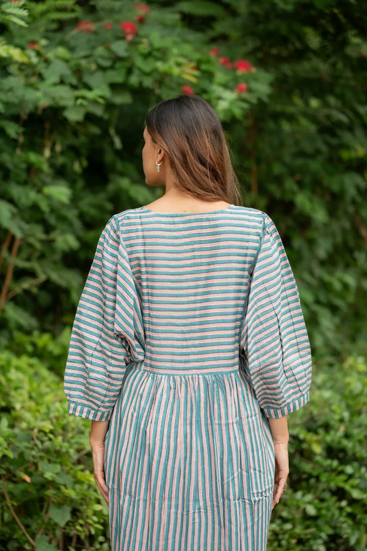 Cotton Midi Dress Stripe Hand Block Print | Boho Summer Sundress with Pockets, Artisan Style Beach Vacation Wear, Bridesmaid Gift for Her