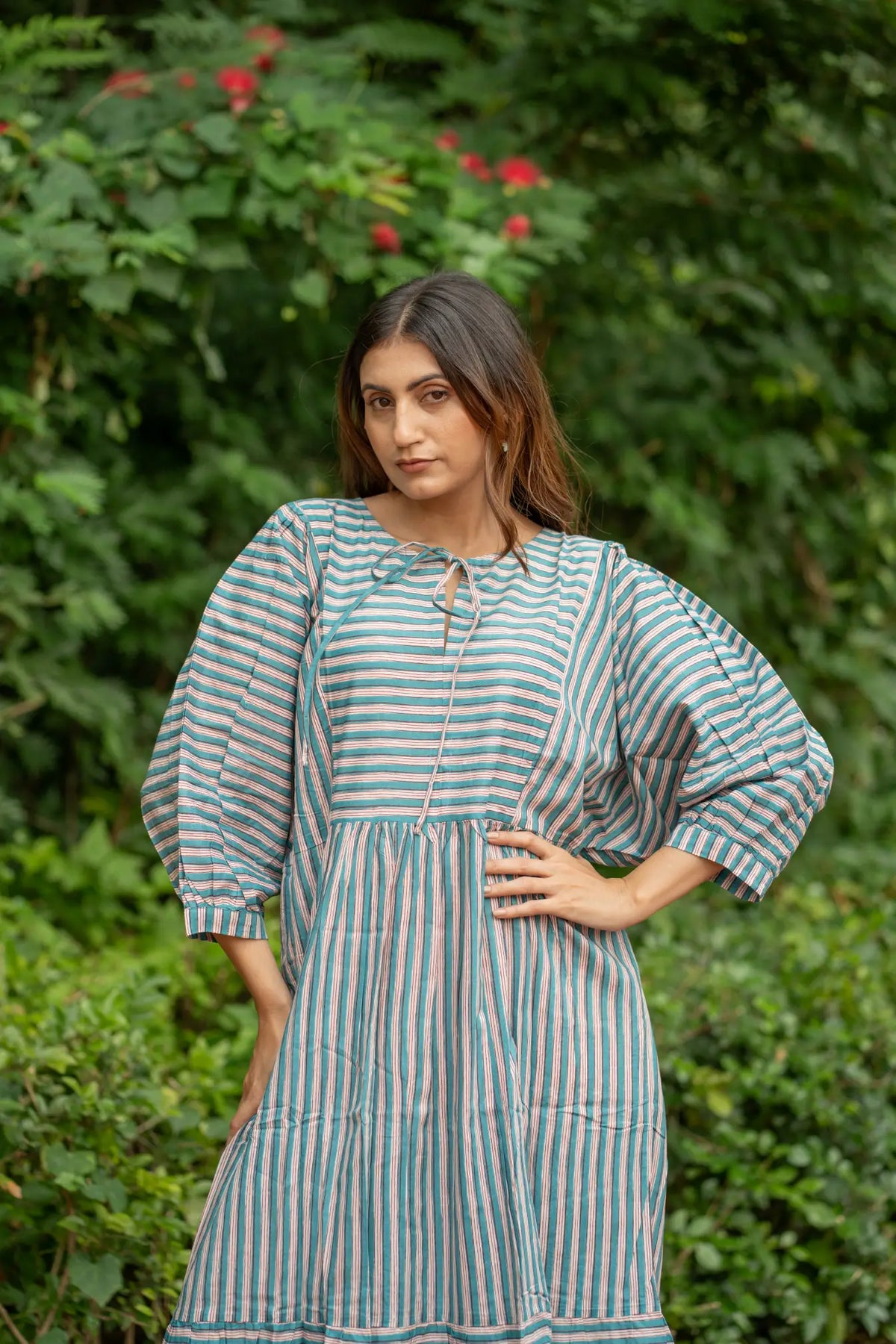 Cotton Midi Dress Stripe Hand Block Print | Boho Summer Sundress with Pockets, Artisan Style Beach Vacation Wear, Bridesmaid Gift for Her