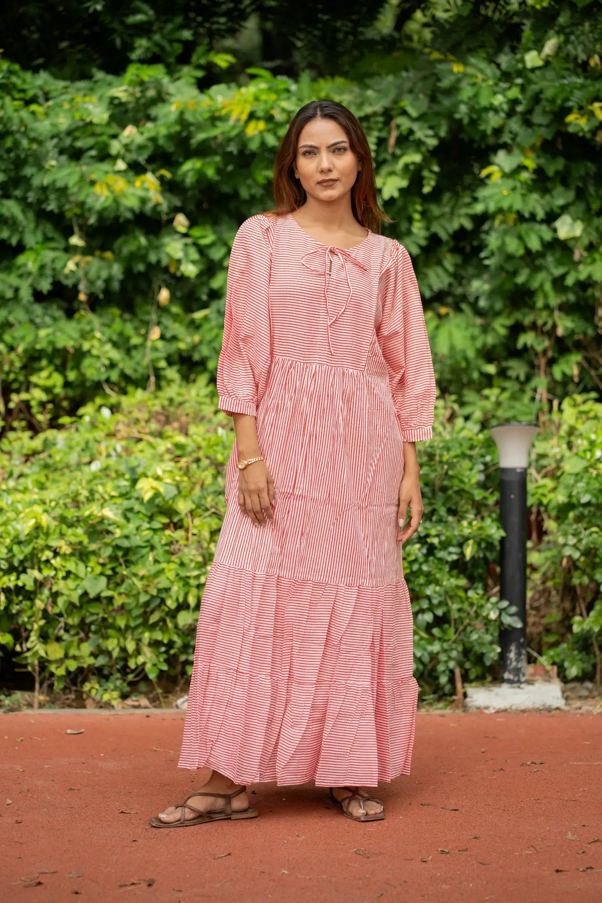 Stripe Hand Block Print Cotton Midi Dress - Boho Summer Sundress with Pockets, Lightweight Artisan Style, Gift for Her Beach Vacation Wear!!