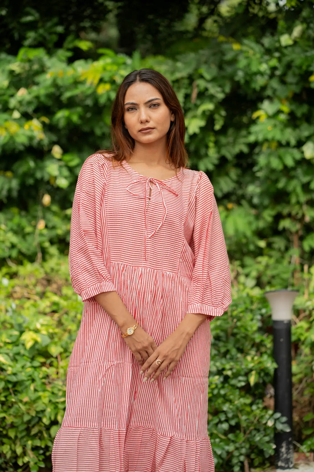 Women's block-printed Cotton Midi Dress in striped with pockets