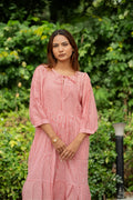 Women's block-printed Cotton Midi Dress in striped with pockets